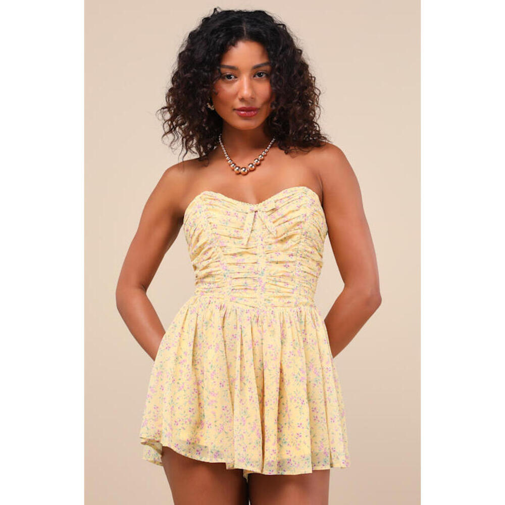 Lulus Marinella Yellow Floral Ruched Strapless Romper - Size S